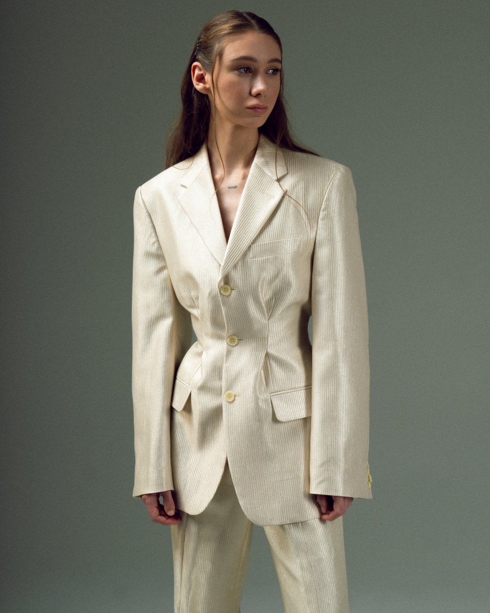 UPCYCLED FITTED CREASED JACKET with a man's shoulder
